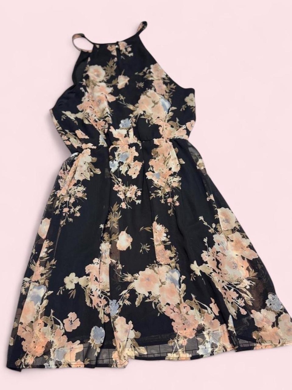 Sienna Sky Black Floral Halter Sundress with Peach Blossoms